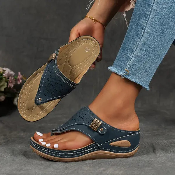 Zafira | Perforated Strap Wedge Thong Sandals