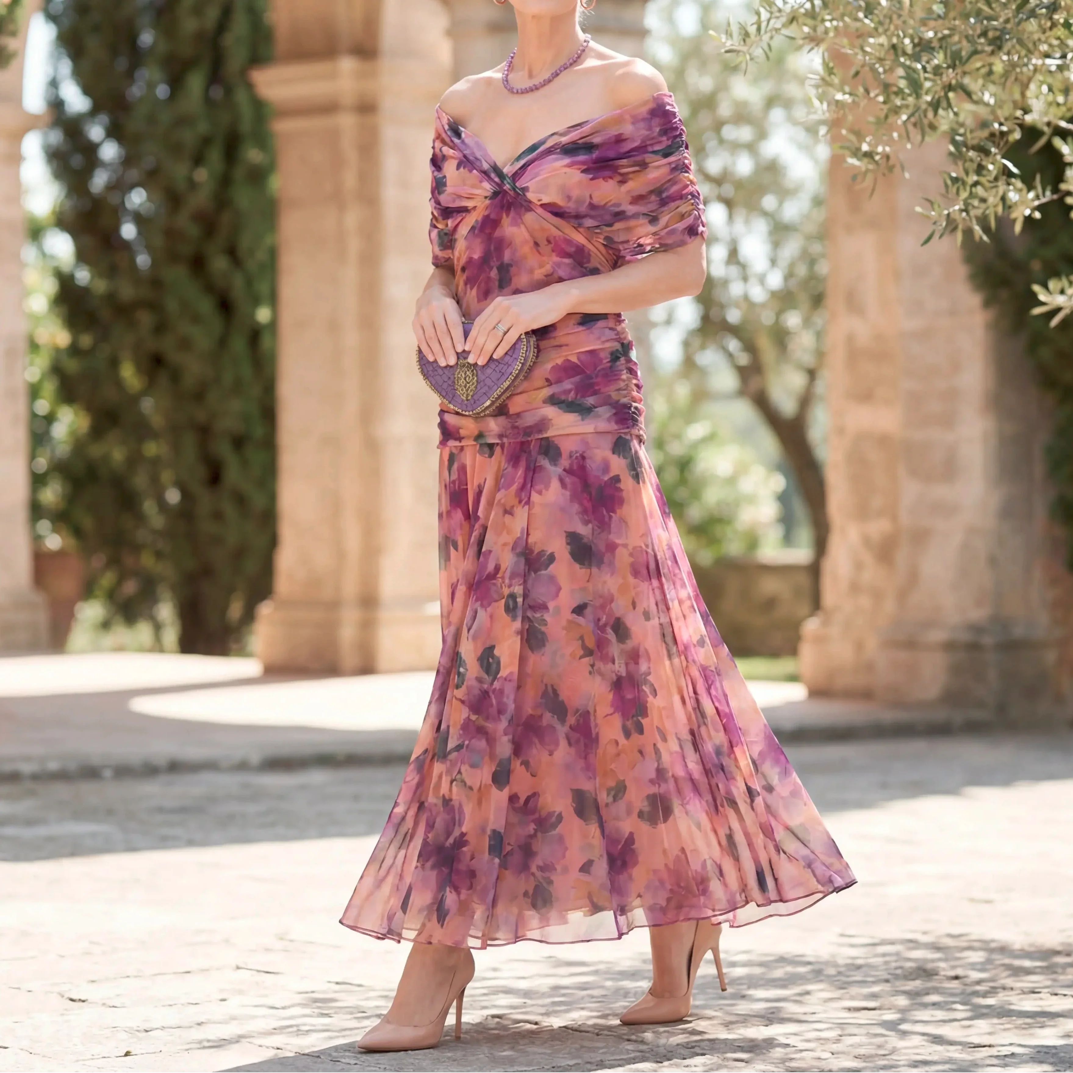 Women's Floral V-Neck Flowy Maxi Dress with Pleated Waist – Summer Wedding Guest | Asha