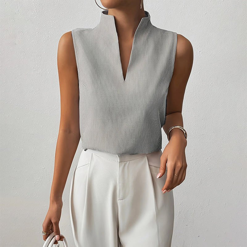 Sleeveless V-Neck Blouse Stand Collar