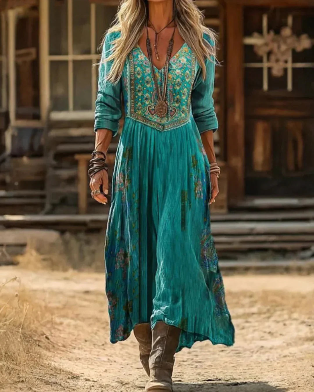 Tamara | Western Boho Embroidered V Neck Long Sleeve Maxi Dress