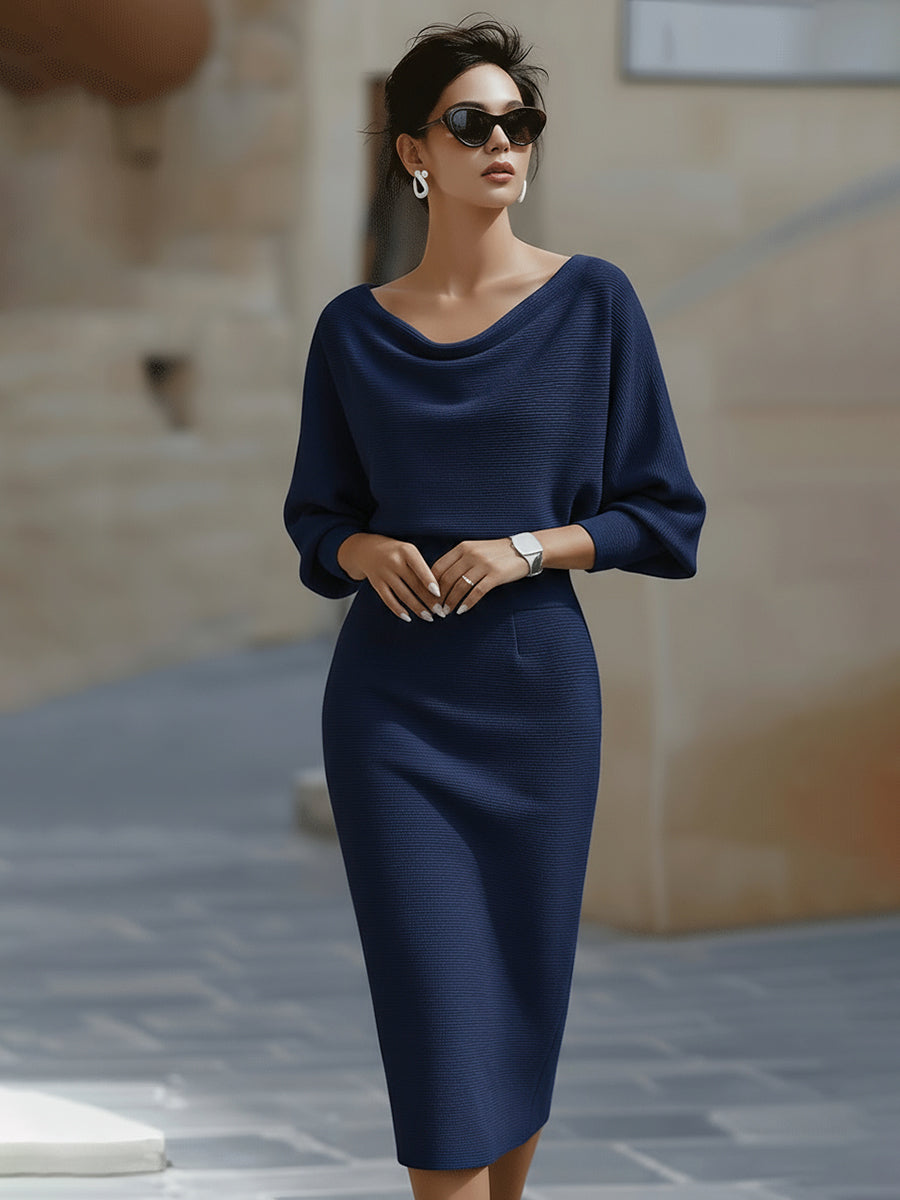 Elara | Draped Neck Batwing Sleeve Midi Dress