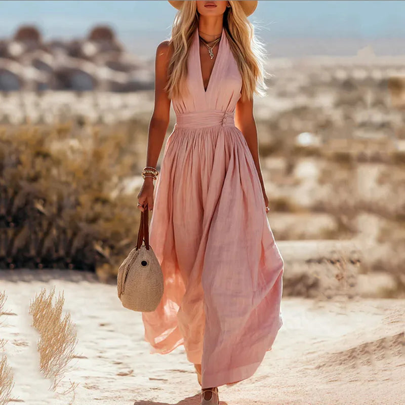 Selene | Halter Deep V Neck Pleated Backless Maxi Dress