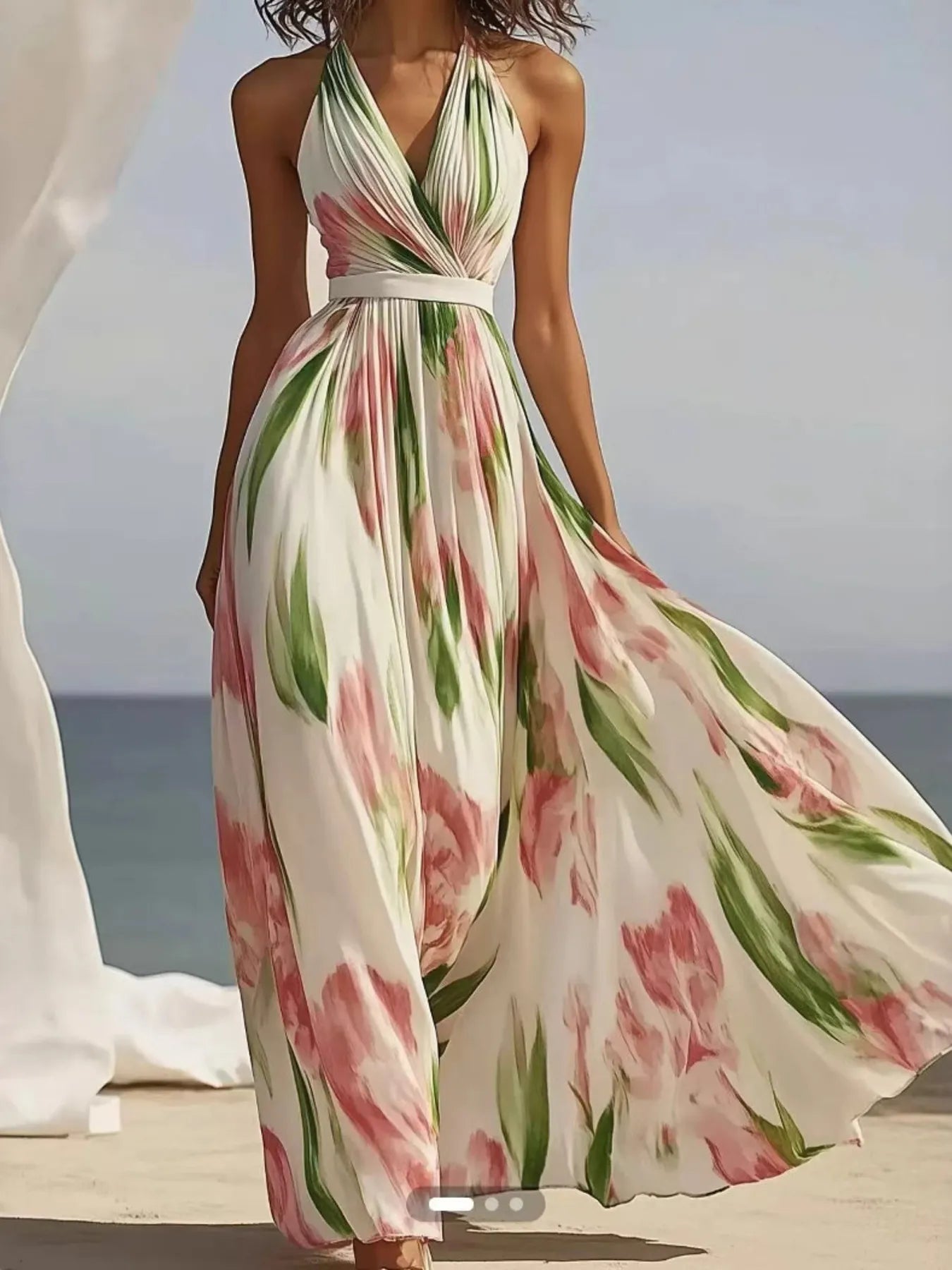 Floralia | Floral Print Pleated Halter Deep V Neck Maxi Dress
