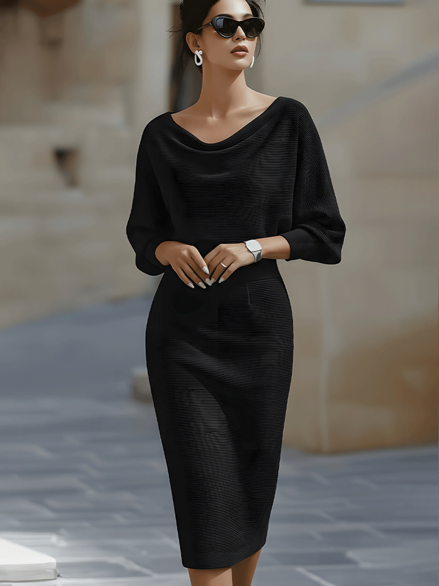 Elara | Draped Neck Batwing Sleeve Midi Dress