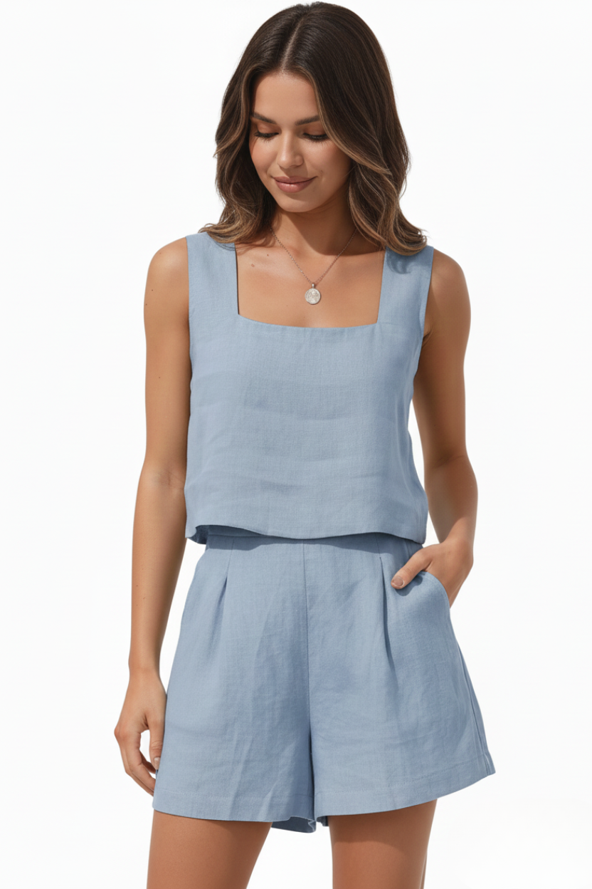 Aurora | Linen Square Neck Crop Top & Pleated Shorts Two-Piece Set
