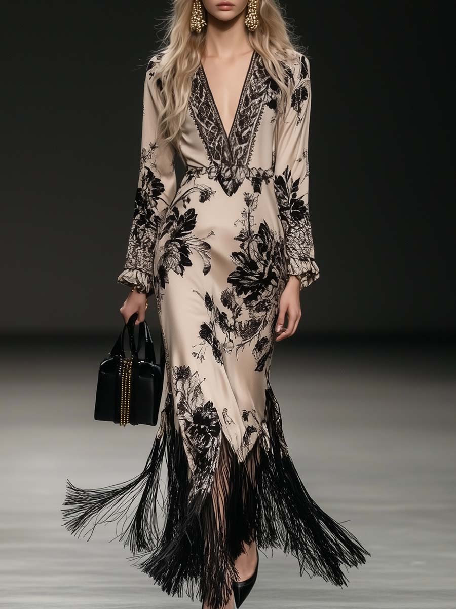 Seraphine | Floral Print Deep V Neck Long Sleeve Fringe Hem Maxi Dress