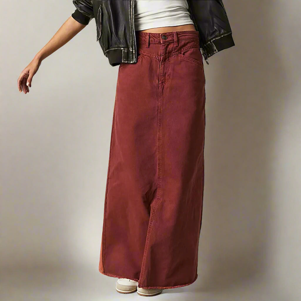 Harlow | High-Waist Frayed Hem Denim Maxi Skirt