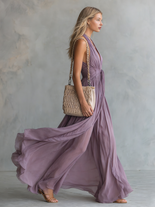 Amara | Chiffon Halter Deep V Neck Backless Maxi Dress