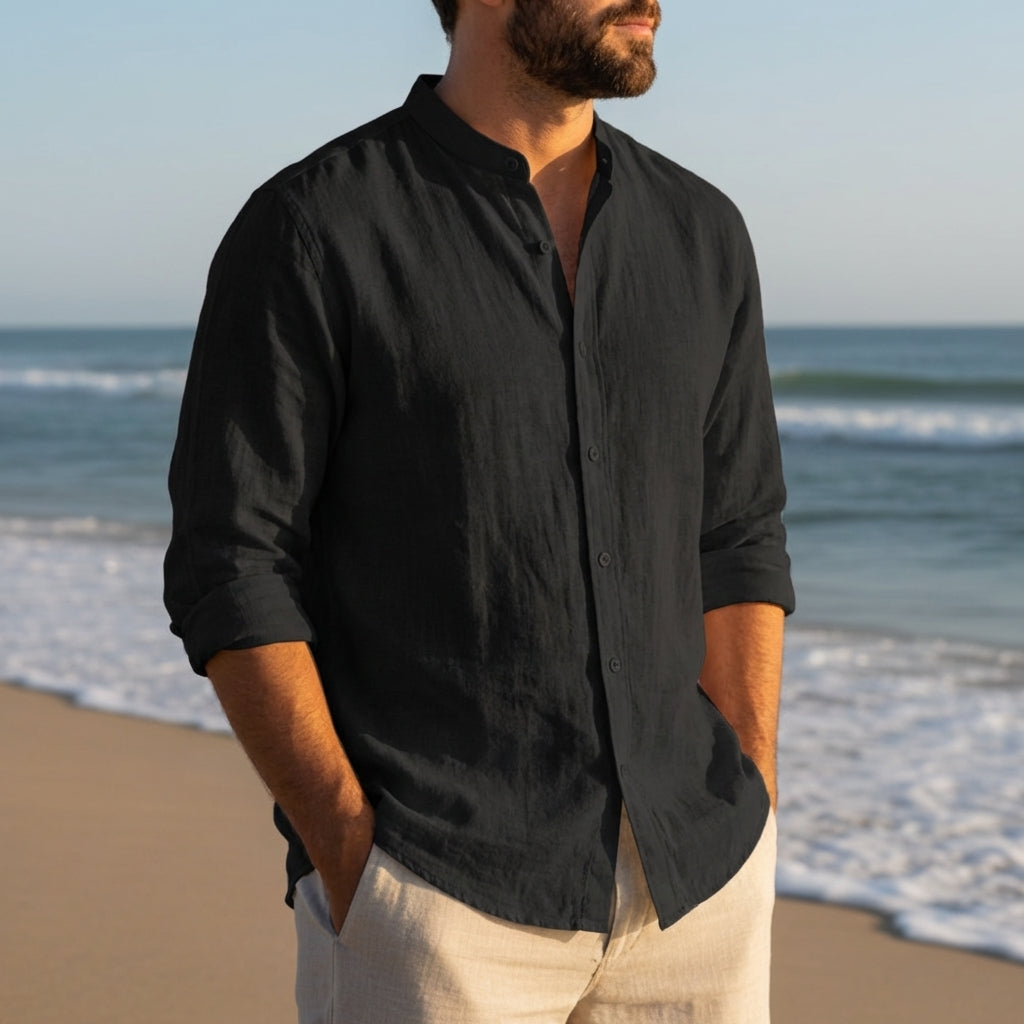 Vieno | Men's Linen Band Collar Long Sleeve Henley Shirt