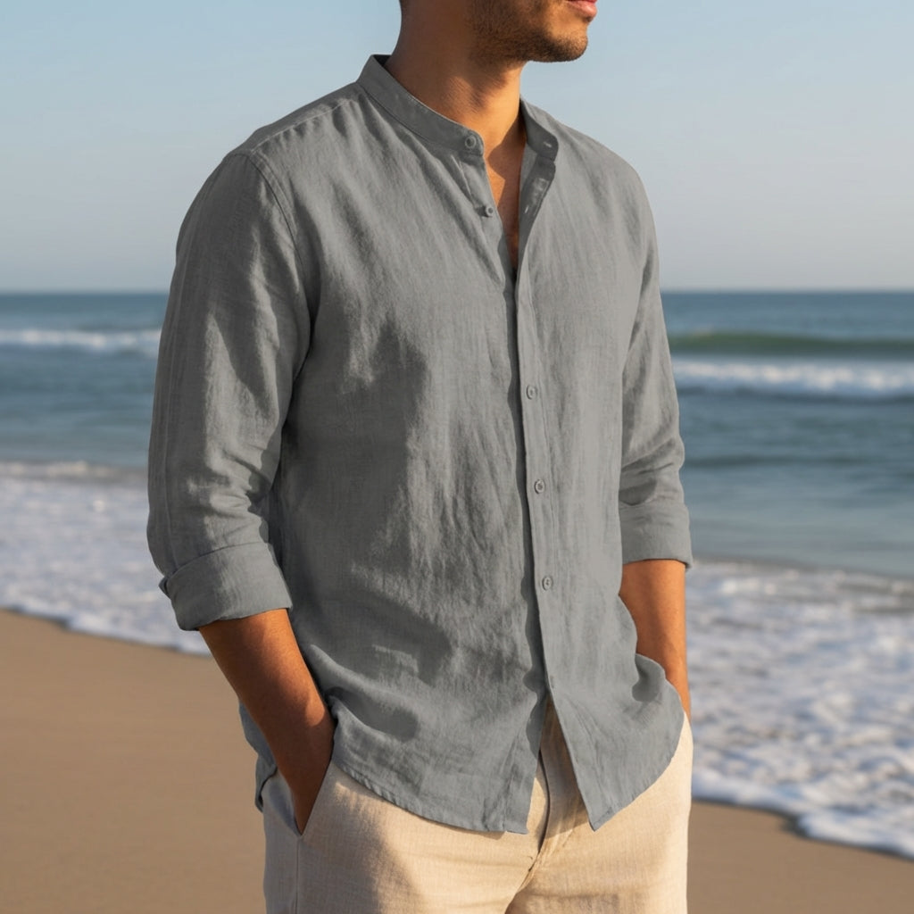 Vieno | Men's Linen Band Collar Long Sleeve Henley Shirt