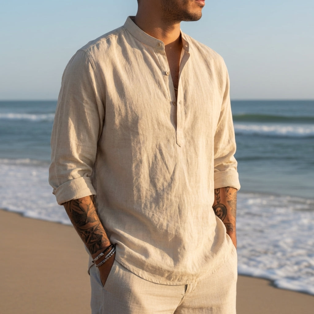 Vieno | Men's Linen Band Collar Long Sleeve Henley Shirt