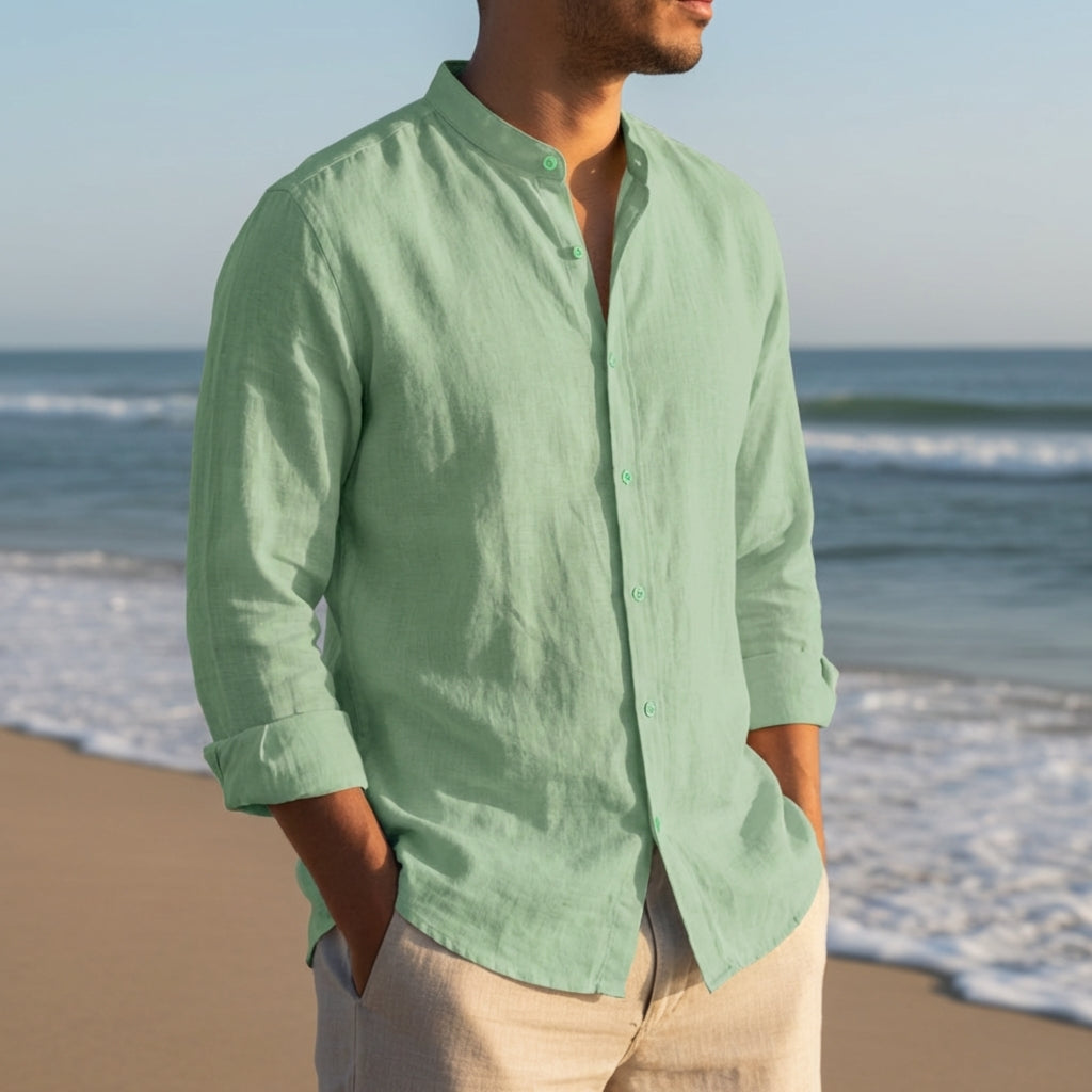 Vieno | Men's Linen Band Collar Long Sleeve Henley Shirt