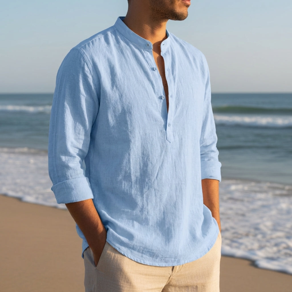 Vieno | Men's Linen Band Collar Long Sleeve Henley Shirt