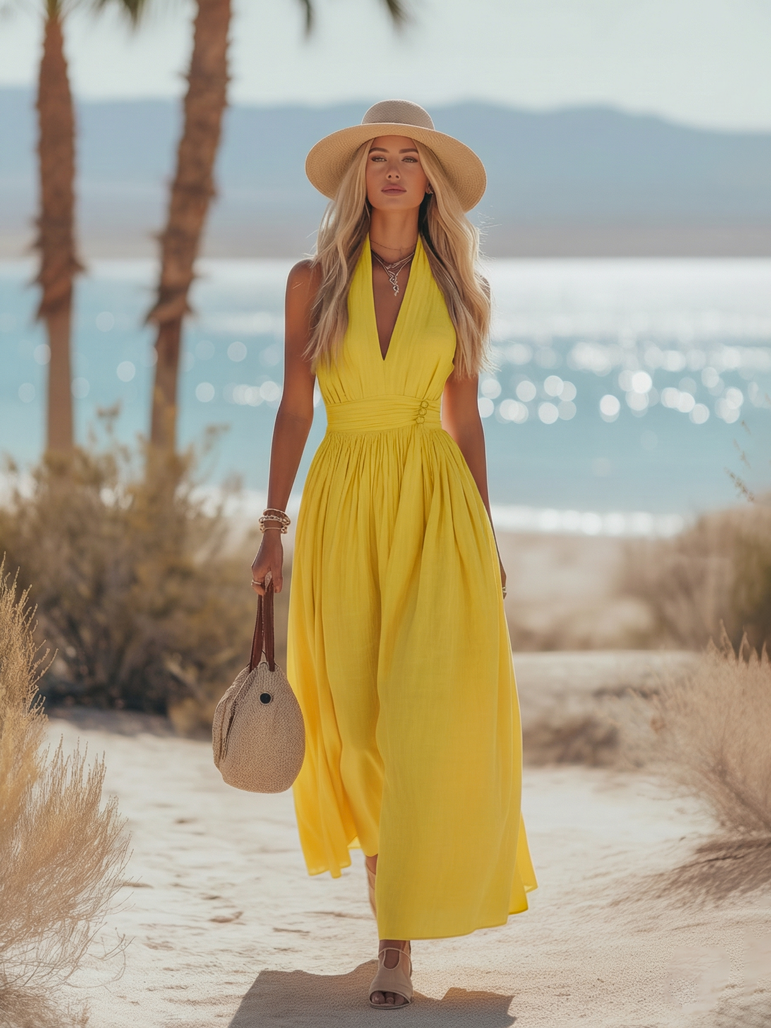 Soleia | Boho Halter Maxi Dress in Soft Linen Blend