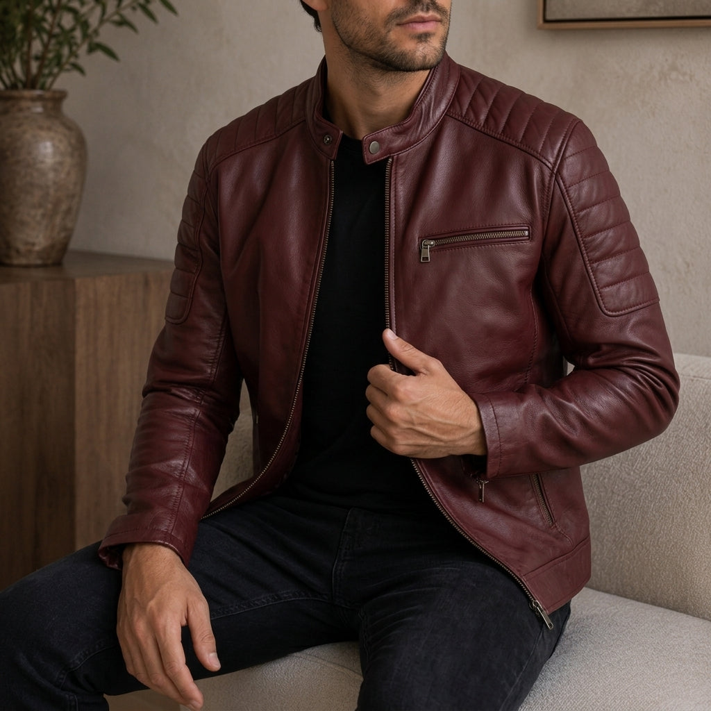 Marco | Men's Leather Quilted Shoulder Biker Jacket