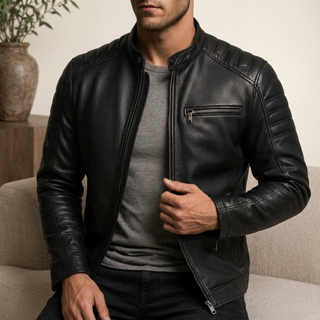 Marco | Men's Leather Quilted Shoulder Biker Jacket