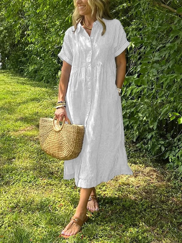 Uma | Striped Linen Shirt Dress with Collar Neckline