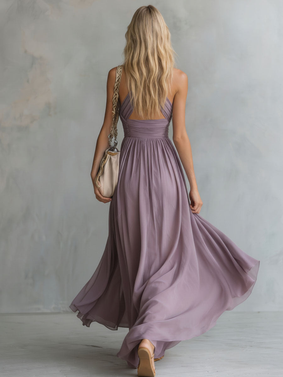 Amara | Chiffon Halter Deep V Neck Backless Maxi Dress