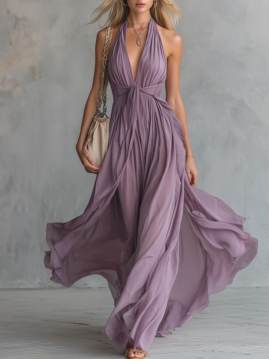 Amara | Chiffon Halter Deep V Neck Backless Maxi Dress