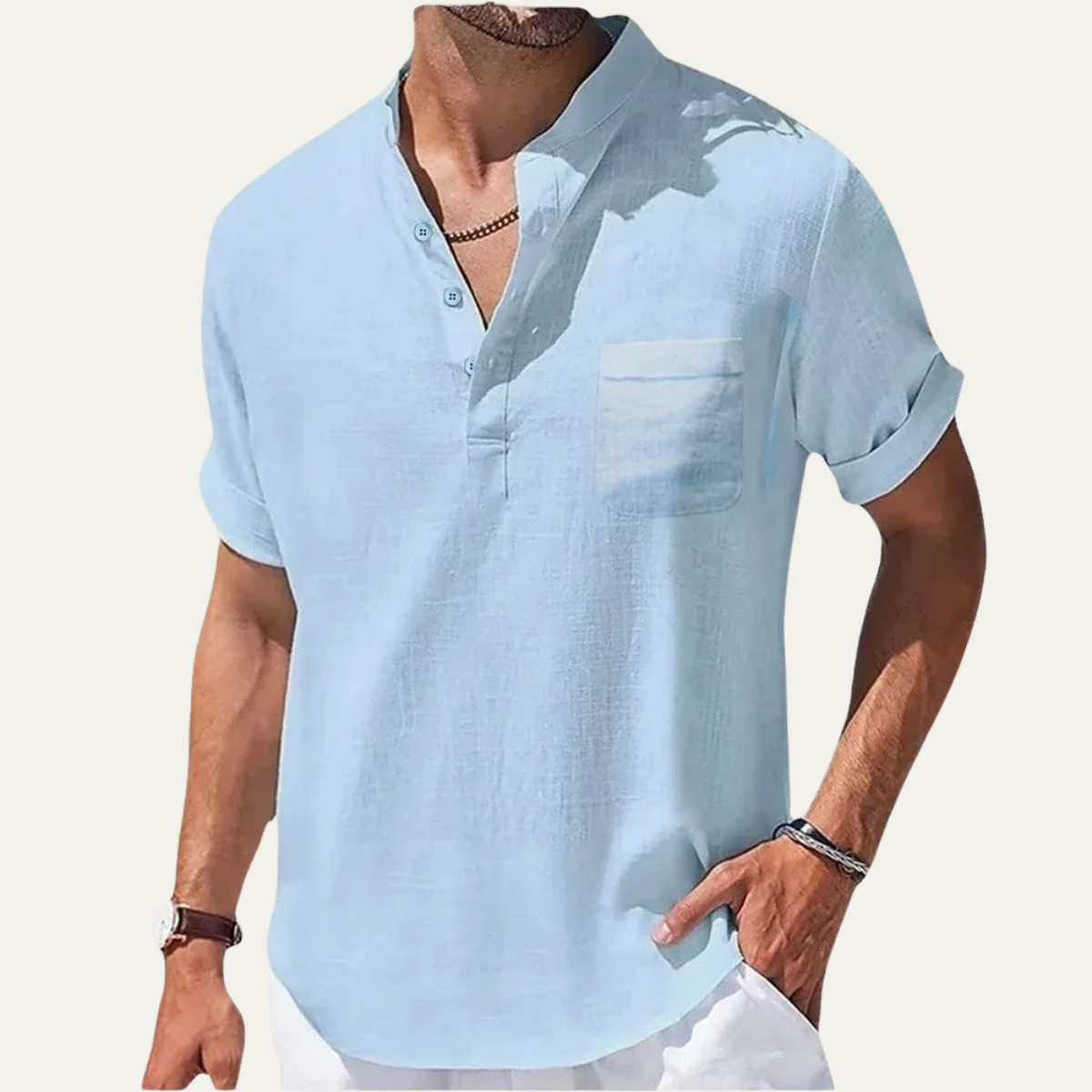 Marco | Men's Linen Band Collar Short Sleeve Henley Shirt
