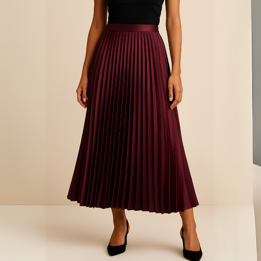 Sevara | High-Waist Pleated Satin Midi Skirt
