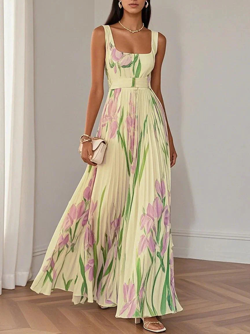 Seraphina | Floral Print Square Neck Pleated Maxi Dress