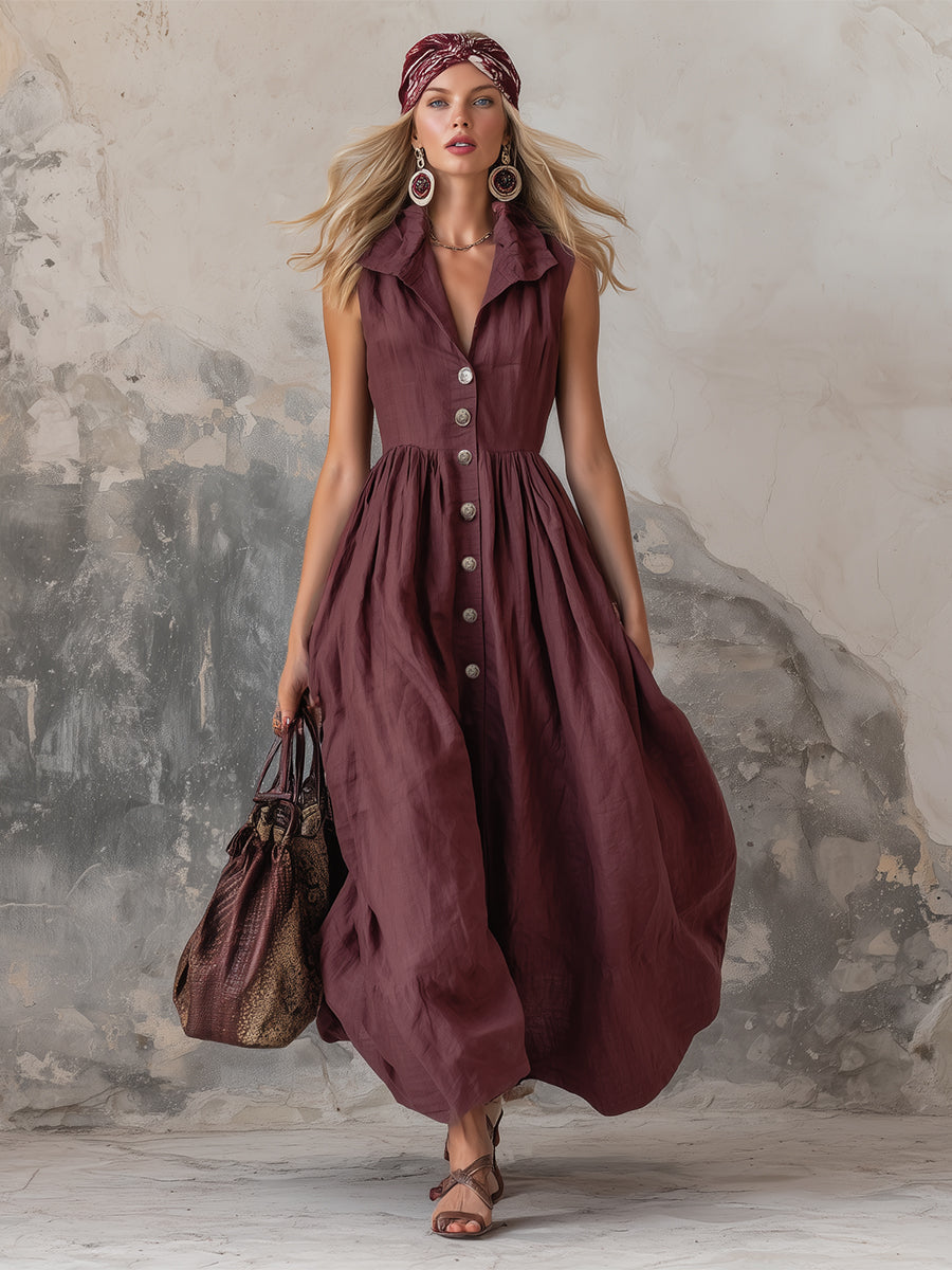 Valentina | Linen Sleeveless Button-Down A-Line Maxi Dress