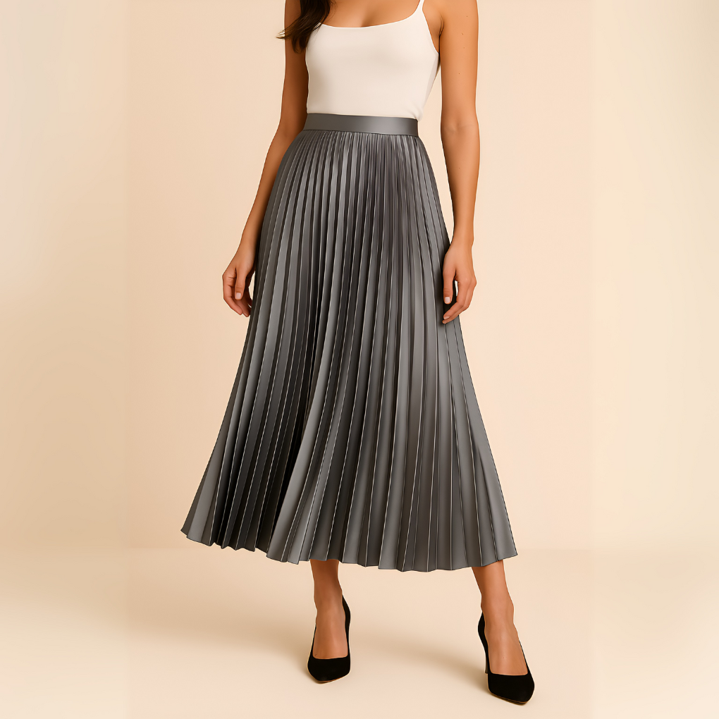 Sevara | High-Waist Pleated Satin Midi Skirt