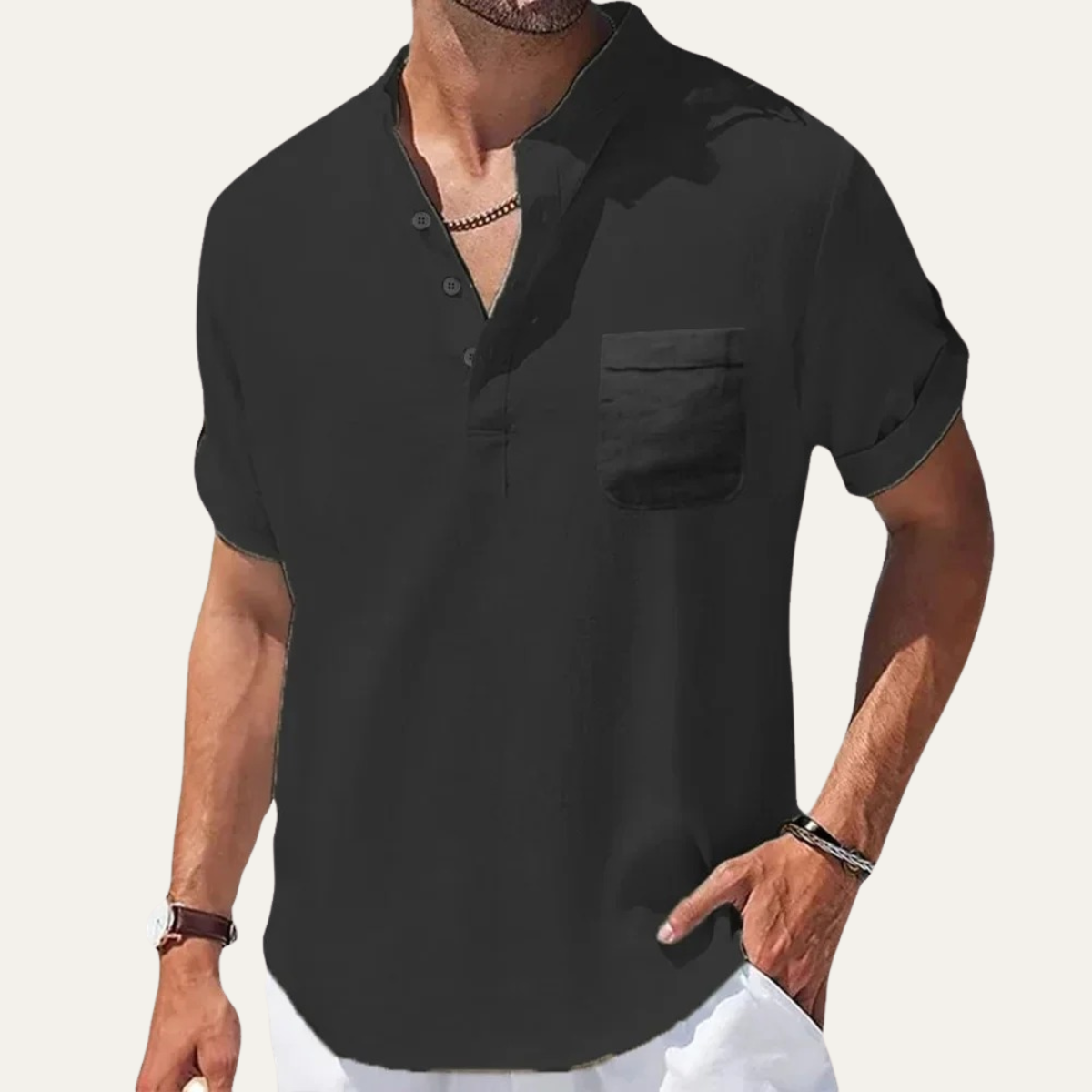 Marco | Men's Linen Band Collar Short Sleeve Henley Shirt