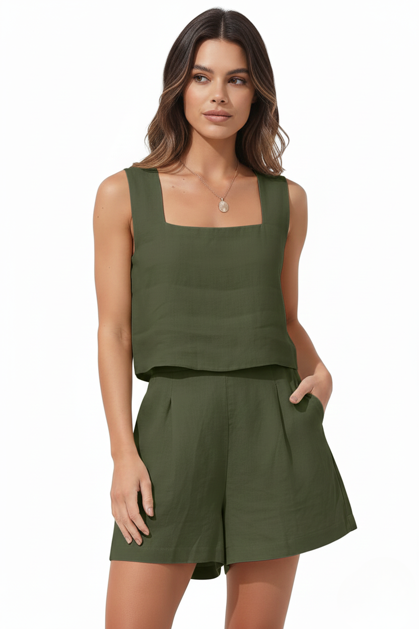 Aurora | Linen Square Neck Crop Top & Pleated Shorts Two-Piece Set
