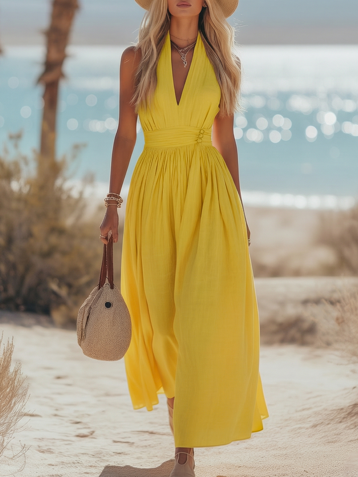 Soleia | Boho Halter Maxi Dress in Soft Linen Blend