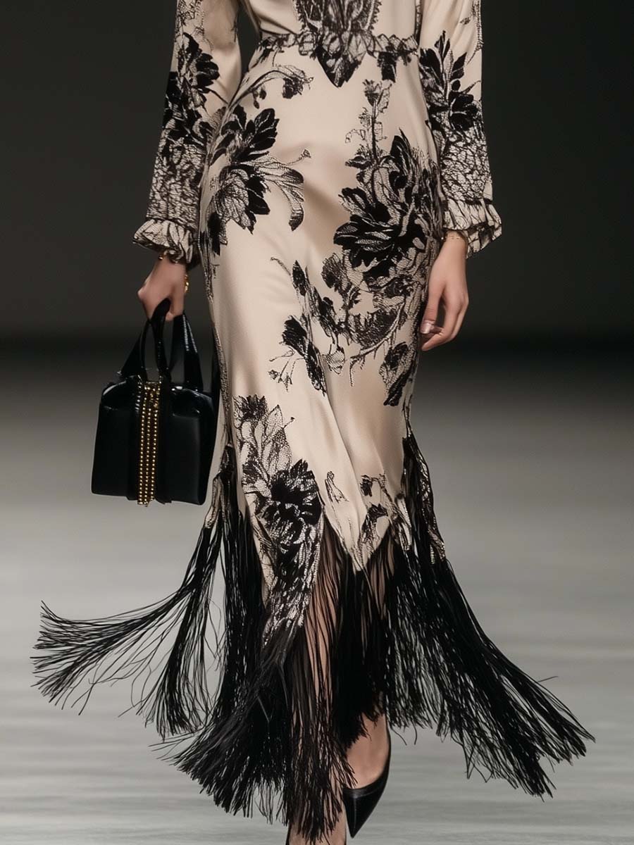 Seraphine | Floral Print Deep V Neck Long Sleeve Fringe Hem Maxi Dress