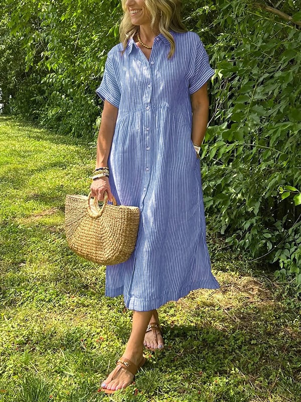 Uma | Striped Linen Shirt Dress with Collar Neckline