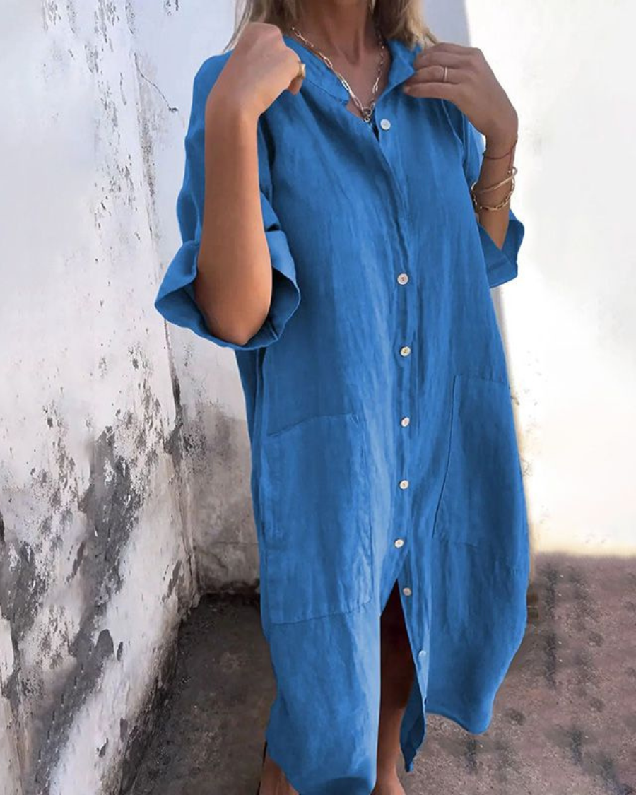 Sienna | Relaxed Linen Button-Down Short Sleeve Shirt Maxi Dress