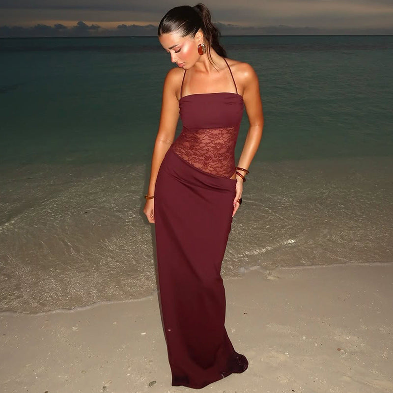 Vionelle | Lace Panel Tie Strap Bodycon Maxi Dress