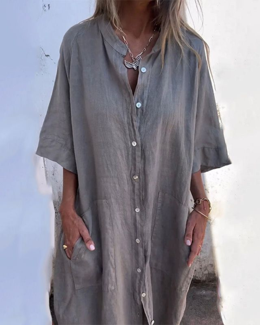 Sienna | Relaxed Linen Button-Down Short Sleeve Shirt Maxi Dress