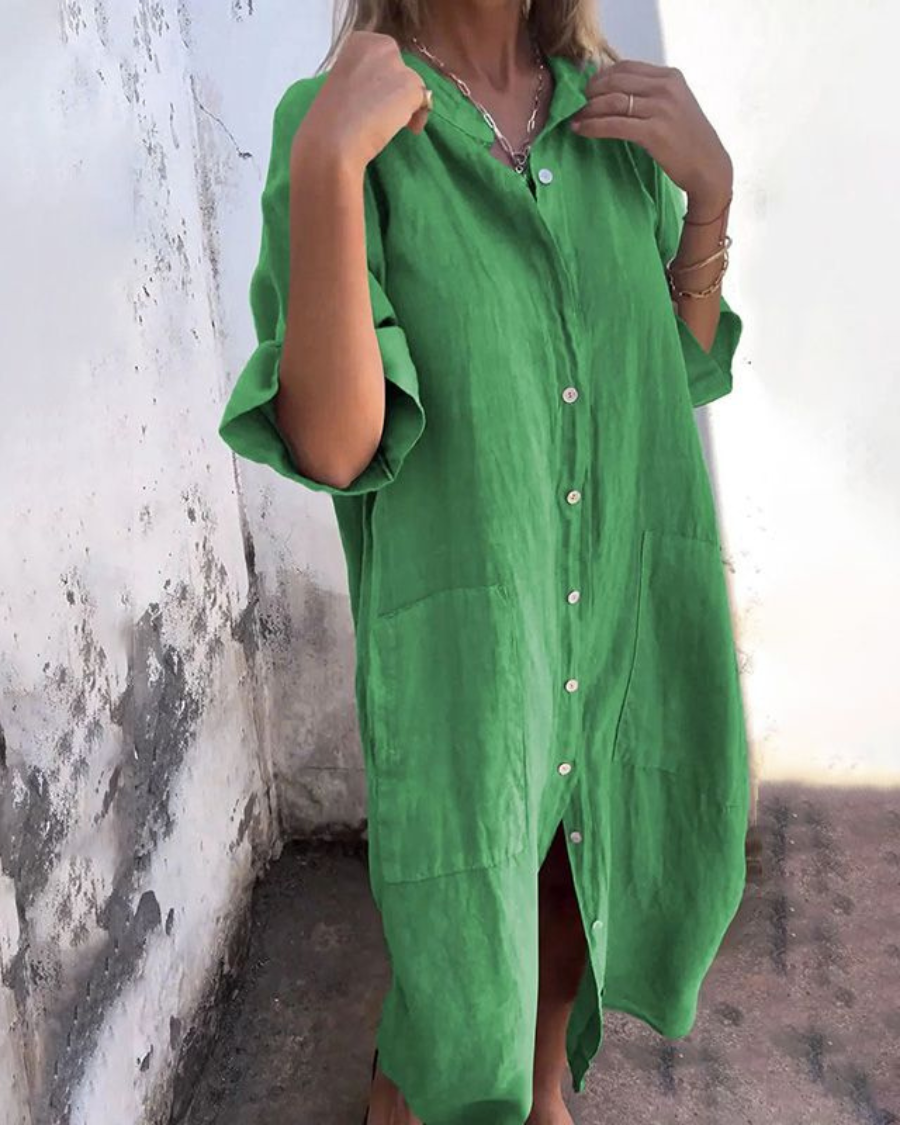 Sienna | Relaxed Linen Button-Down Short Sleeve Shirt Maxi Dress