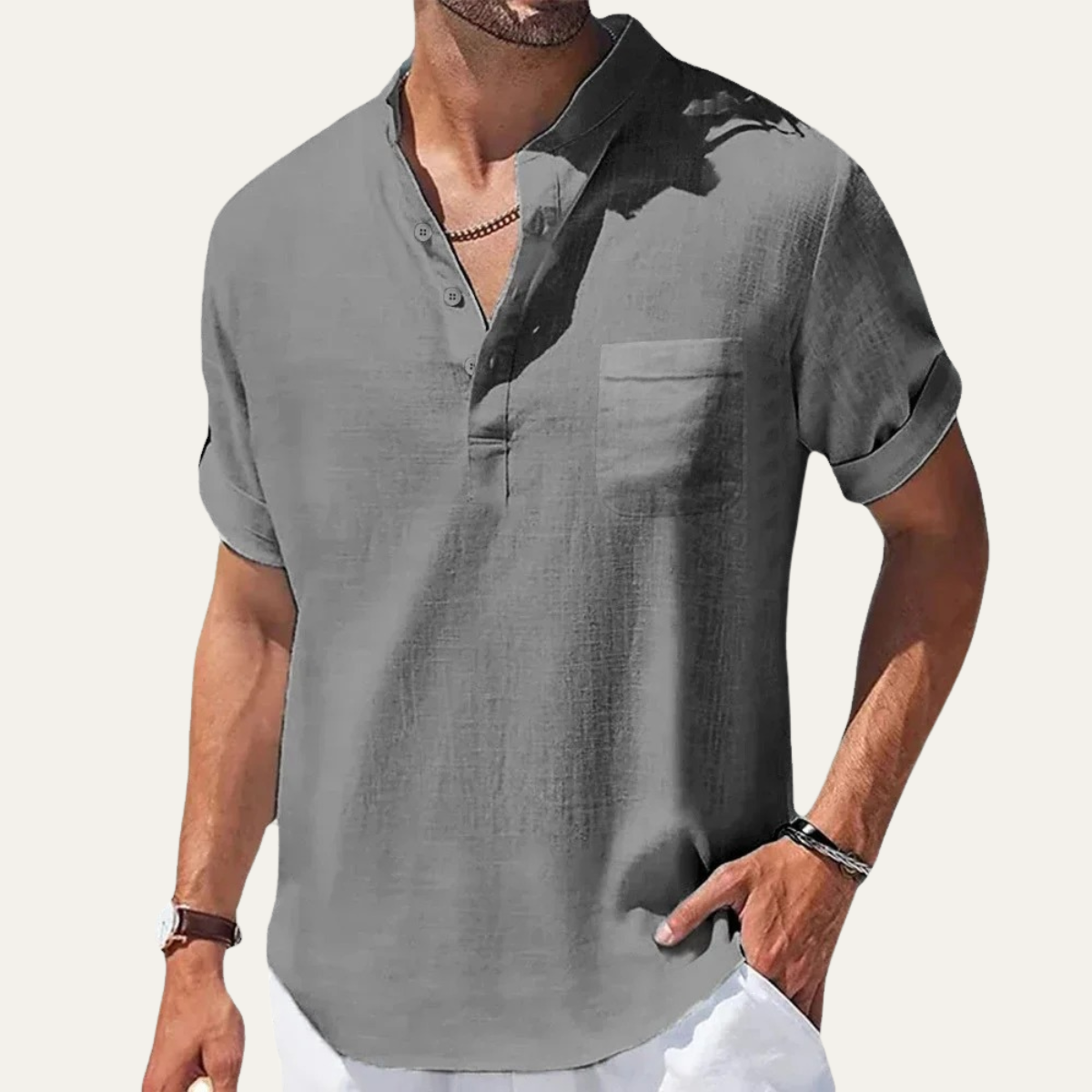 Marco | Men's Linen Band Collar Short Sleeve Henley Shirt
