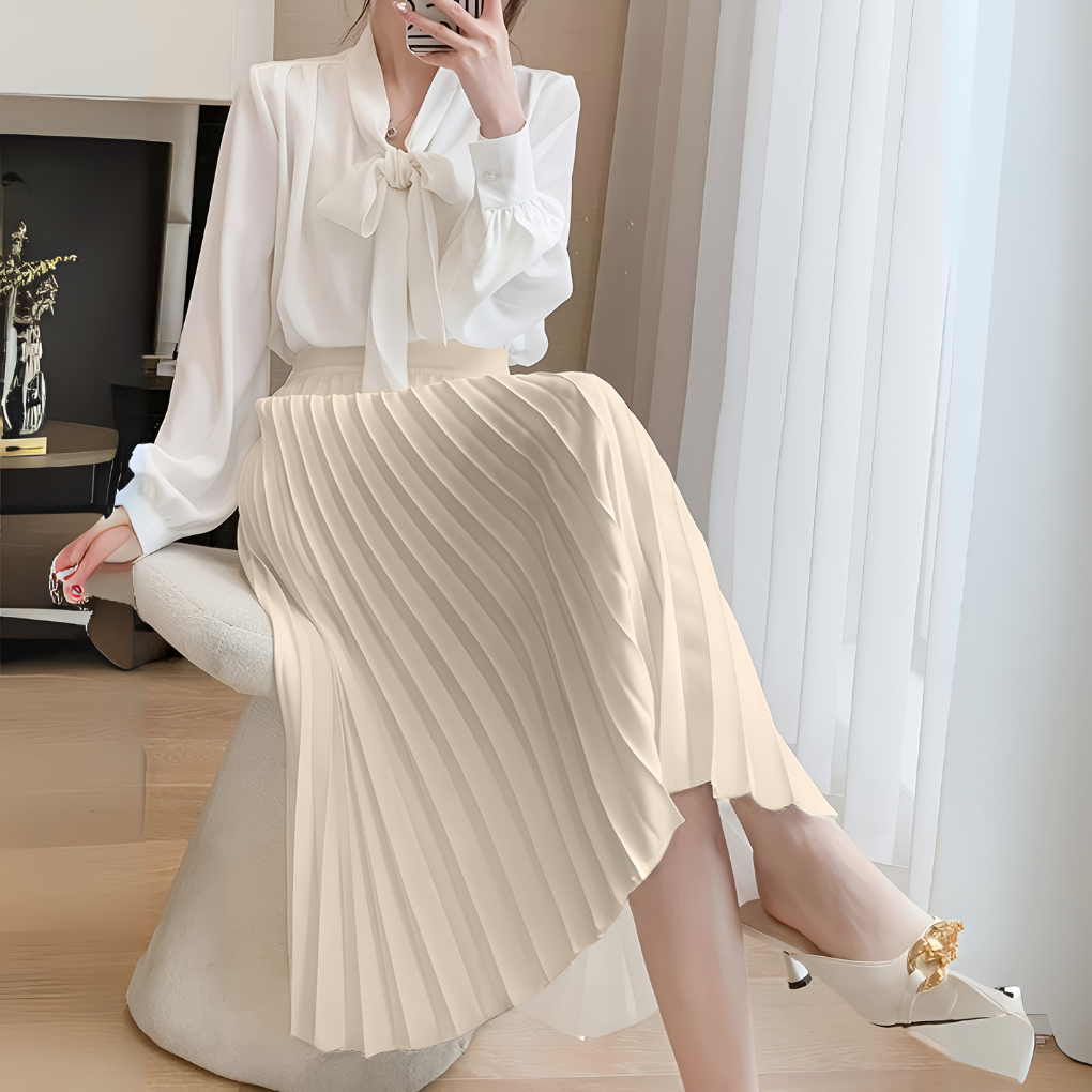 Sevara | High-Waist Pleated Satin Midi Skirt