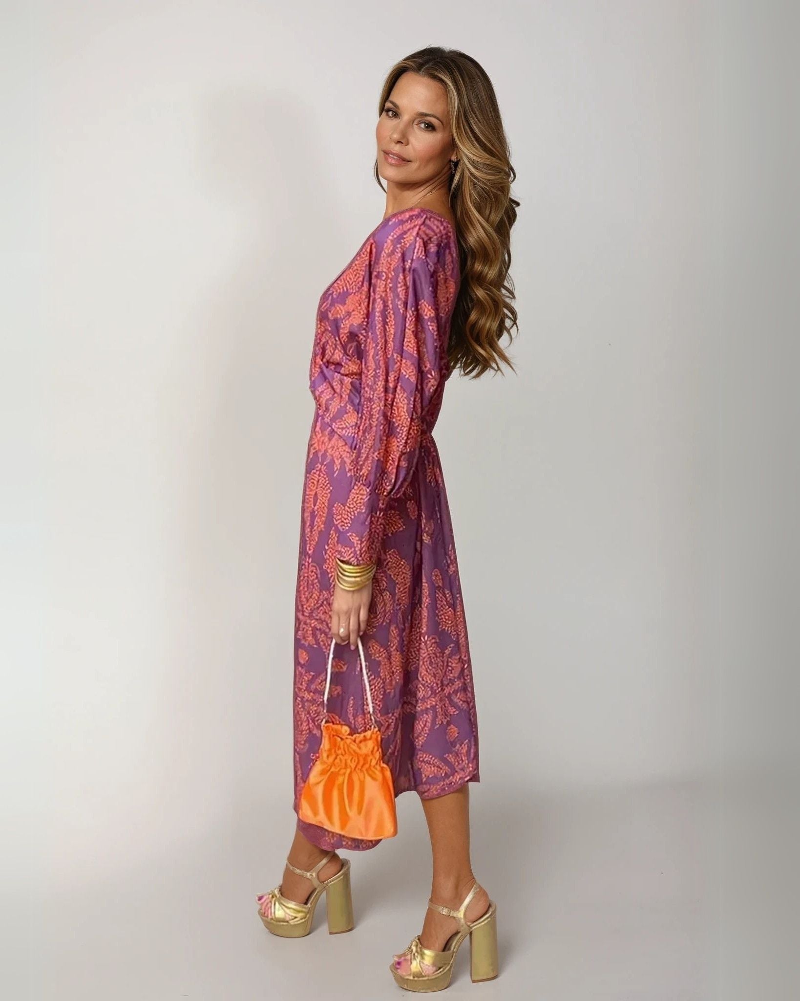 Solenne | Printed Deep V-Neck Twist Waist Midi Dress