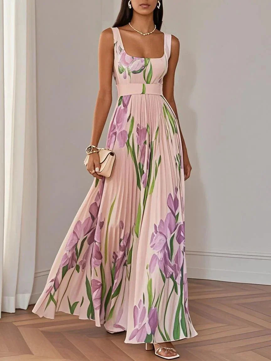 Seraphina | Floral Print Square Neck Pleated Maxi Dress