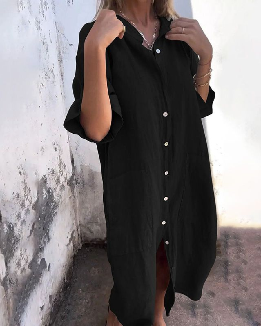 Sienna | Relaxed Linen Button-Down Short Sleeve Shirt Maxi Dress