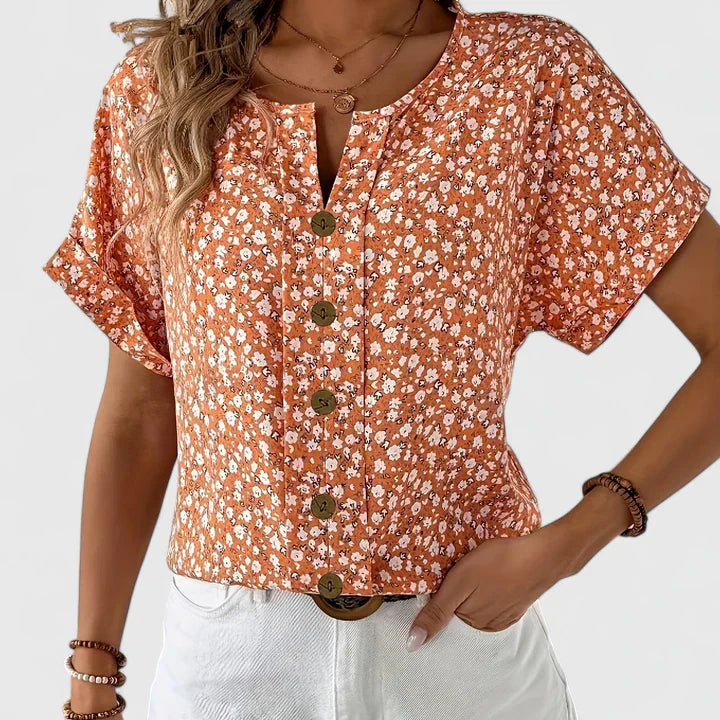 Faylora | Stylish Floral Button Down Short Sleeve Blouse