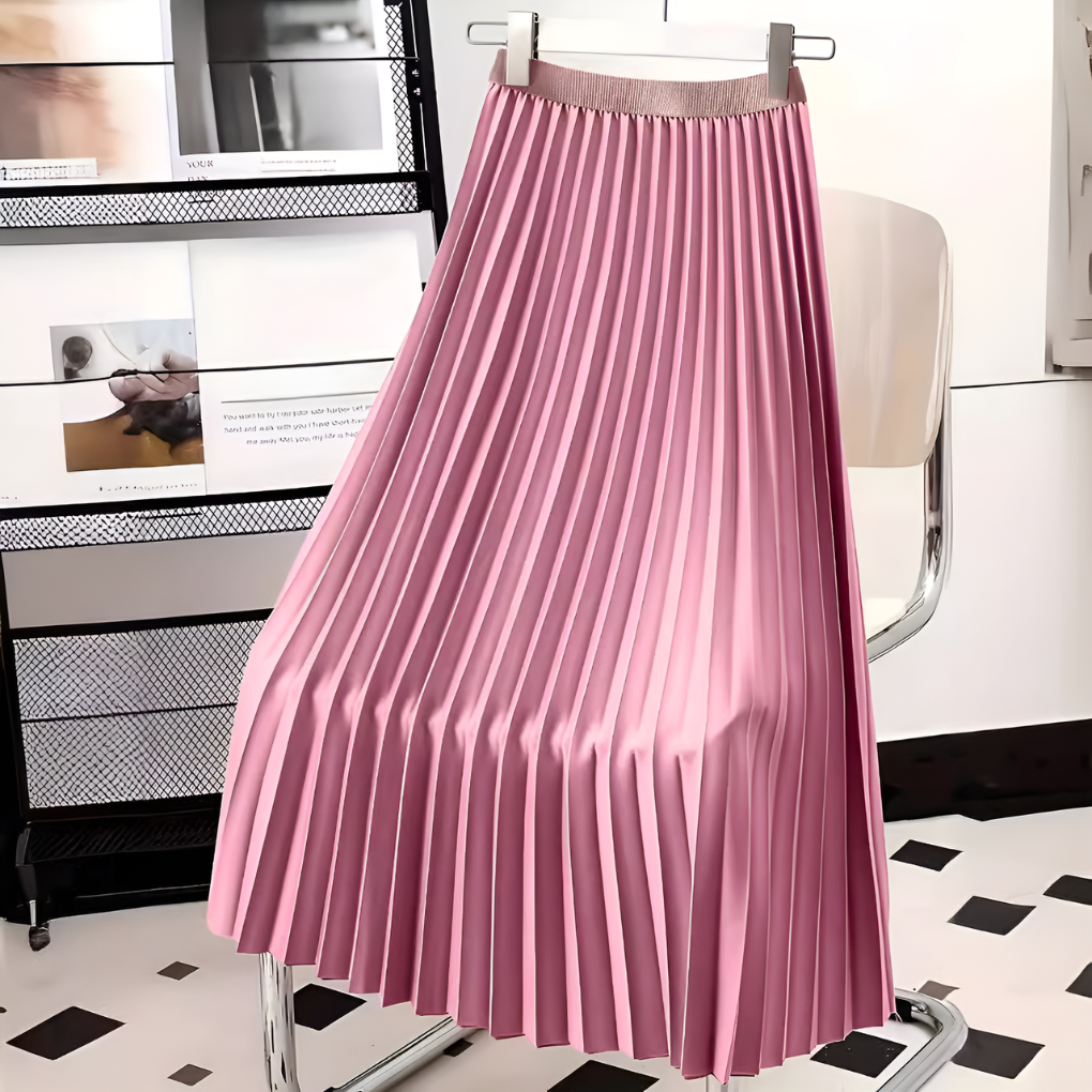 Sevara | High-Waist Pleated Satin Midi Skirt