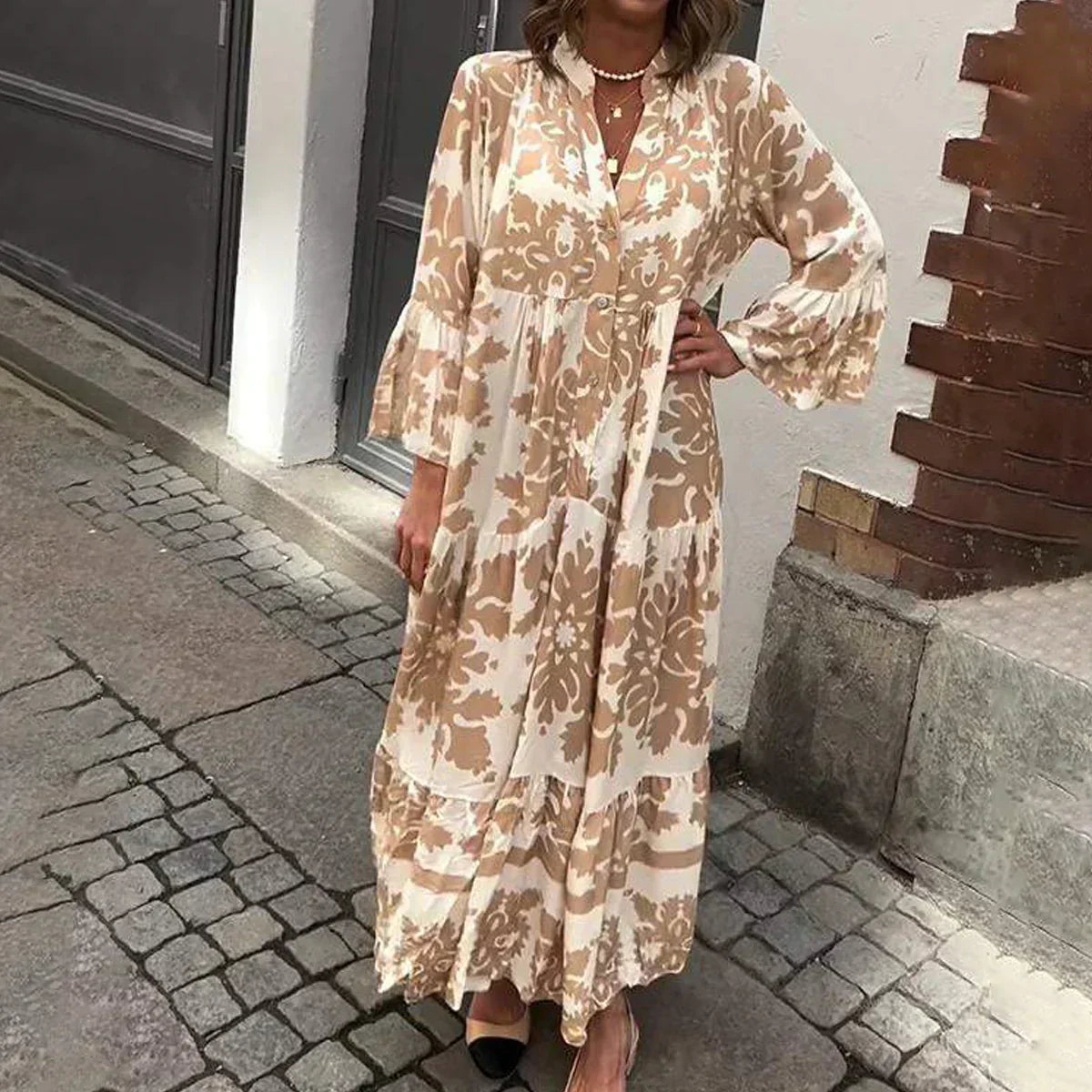 Avira | Boho Floral Print Button-Down Tiered Maxi Dress