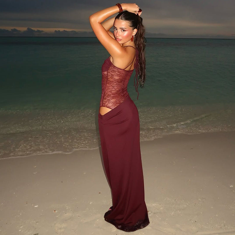 Vionelle | Lace Panel Tie Strap Bodycon Maxi Dress