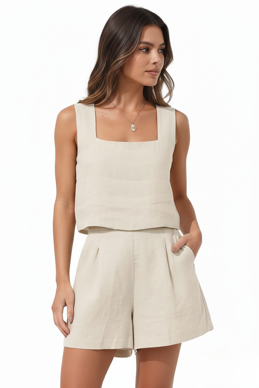 Aurora | Linen Square Neck Crop Top & Pleated Shorts Two-Piece Set