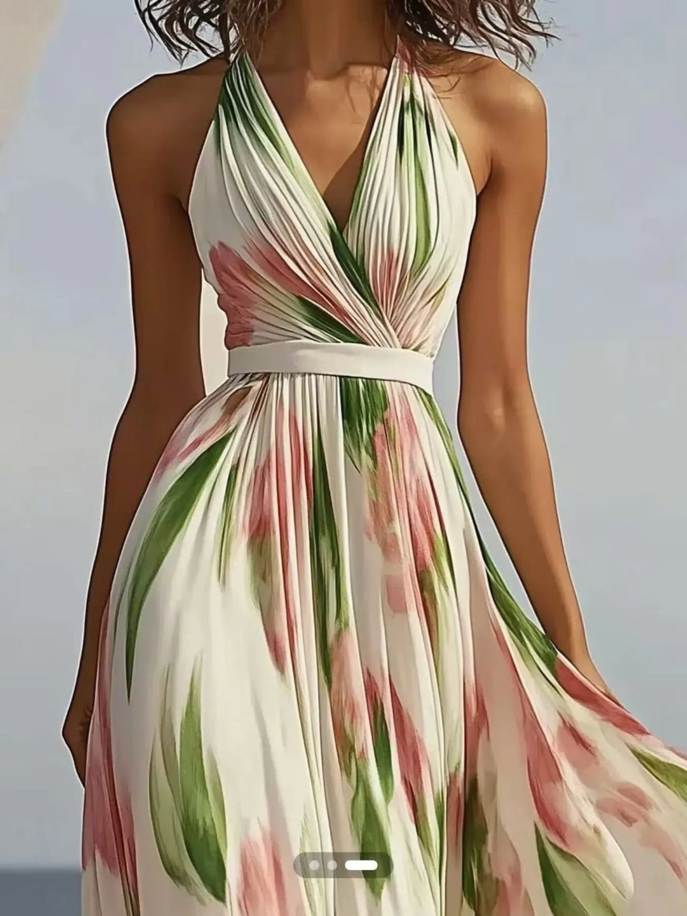 Floralia | Floral Print Pleated Halter Deep V Neck Maxi Dress