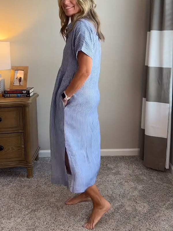 Uma | Striped Linen Shirt Dress with Collar Neckline