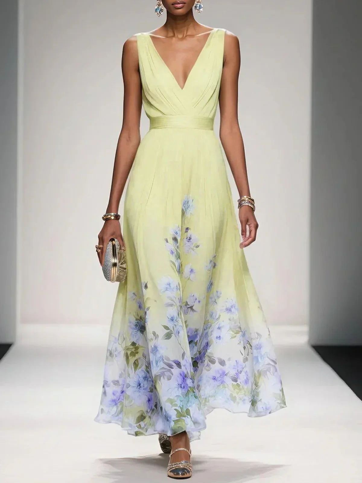 Taylor | Floral Chiffon Deep V Neck Maxi Dress